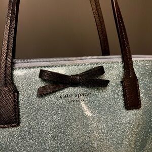 Kate Spade Glitter Bow Tote Blue Zip Top Shoulder Bag Holiday Sparkle
